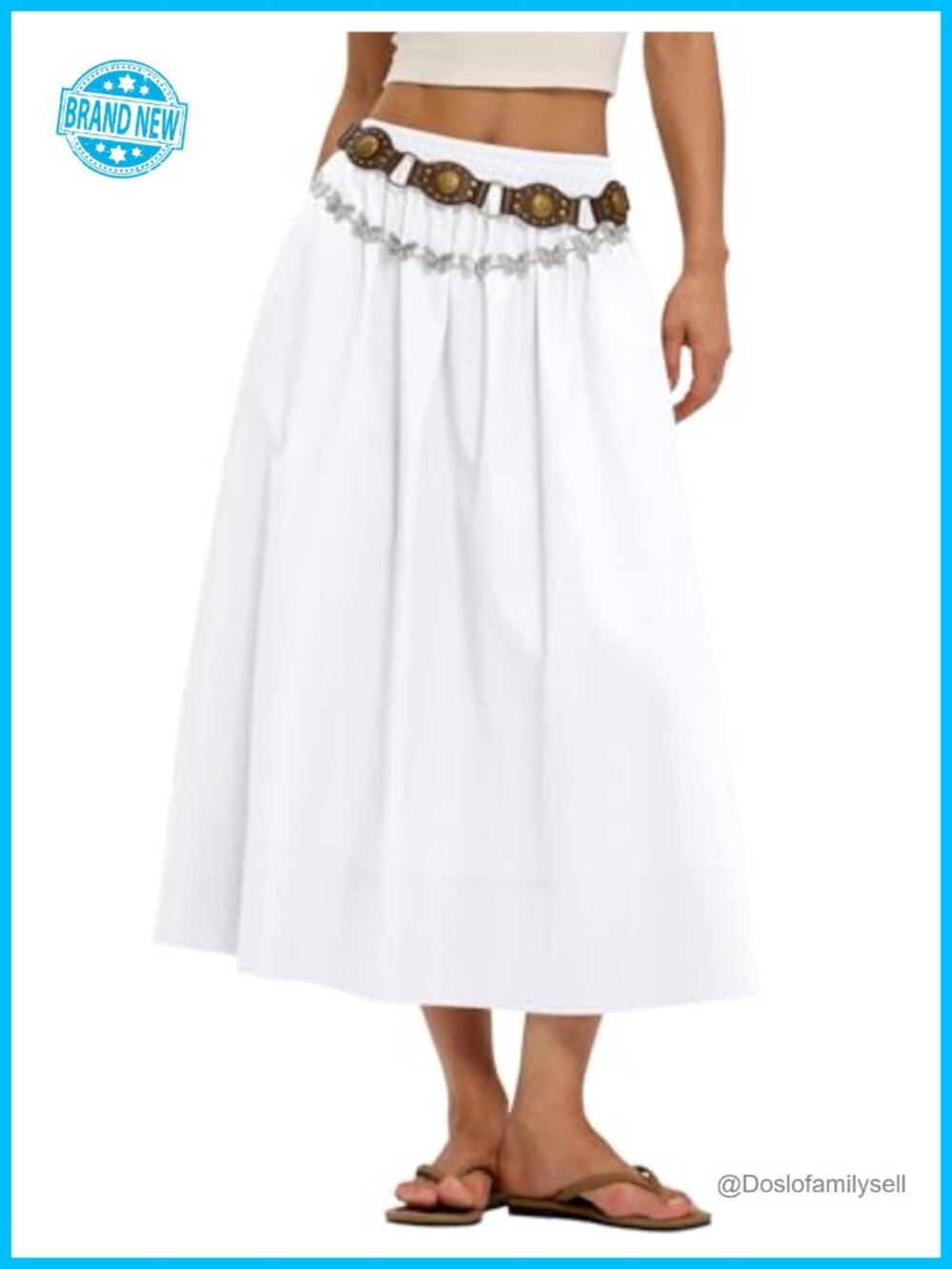 Cotton A-Line Midi Skirt with Pockets Flowy Elastic Waist
